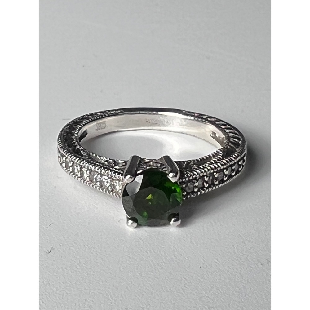 VTG Art Deco S925 Green Solitaire Emerald Ornate Filigree Ring Band